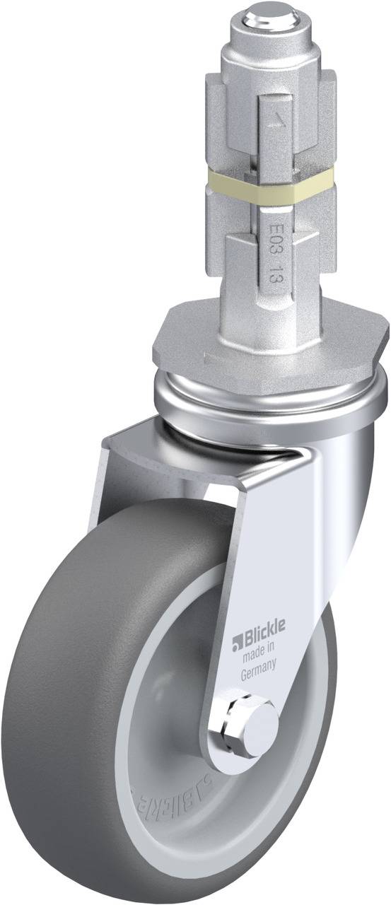 Schwenkrolle mit grauer Gummilauffläche, silbernem Gehäuse und zylindrischem Gewindestift. Aufschrift: 'Blickle Made in Germany'.