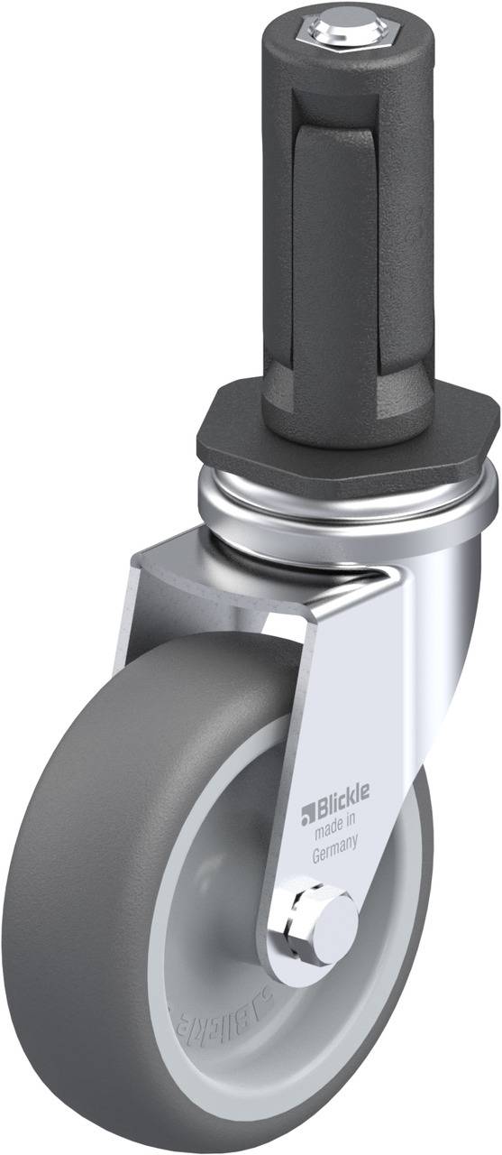 Industrierolle mit grauer Gummireifen und Metallhalterung, hergestellt von Blickle, für Belastungen in industriellen Anwendungen.