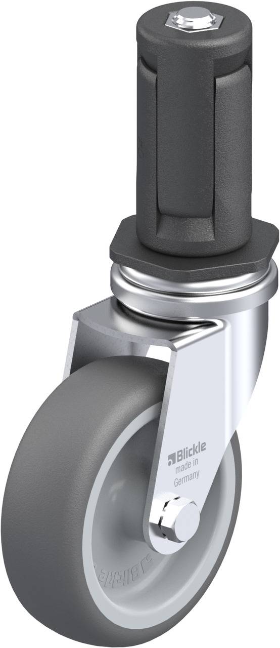 Industrie-Lenkrolle mit grauem Rad und schwarzem Gehäuse, silbernem Stützarm und hexagonalem Befestigungselement.