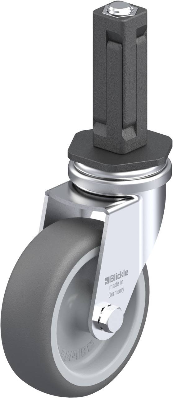 Industrie-Lenkrolle aus Metall mit grauem Rad und Schraubengewinde oben, gekennzeichnet mit 'Blickle Made in Germany'.