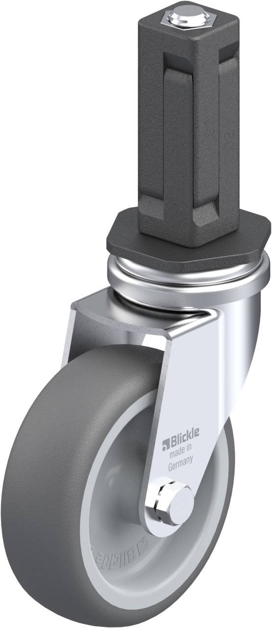 Ein graues Rad mit schwarzer Halterung und Metallelementen, geeignet für Möbel oder Gerätebewegung, Markenlogo sichtbar.