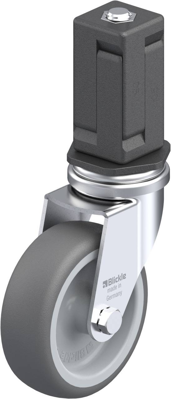 Graue Lenkrolle mit Metallgehäuse und solidem schwarzen Befestigungszapfen, geeignet für Industriemöbel oder Transportgeräte.