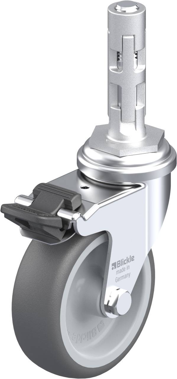 Grau-schwarzes Möbel-Lenkrolle aus Metall und Kunststoff, mit Bremse. Geeignet für schwere Lasten und vielseitig einsetzbar.