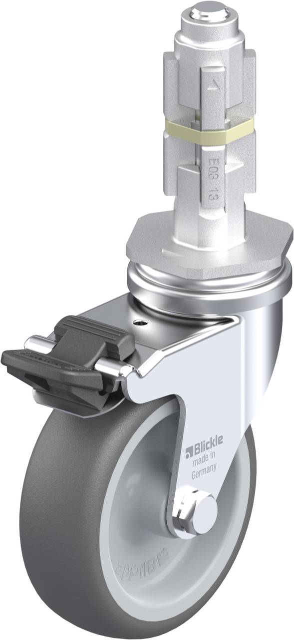 Industrie-Lenkrolle mit grauem Rad, silbernem Gehäuse und Bremse, verwendet für Transportwagen und Geräte.