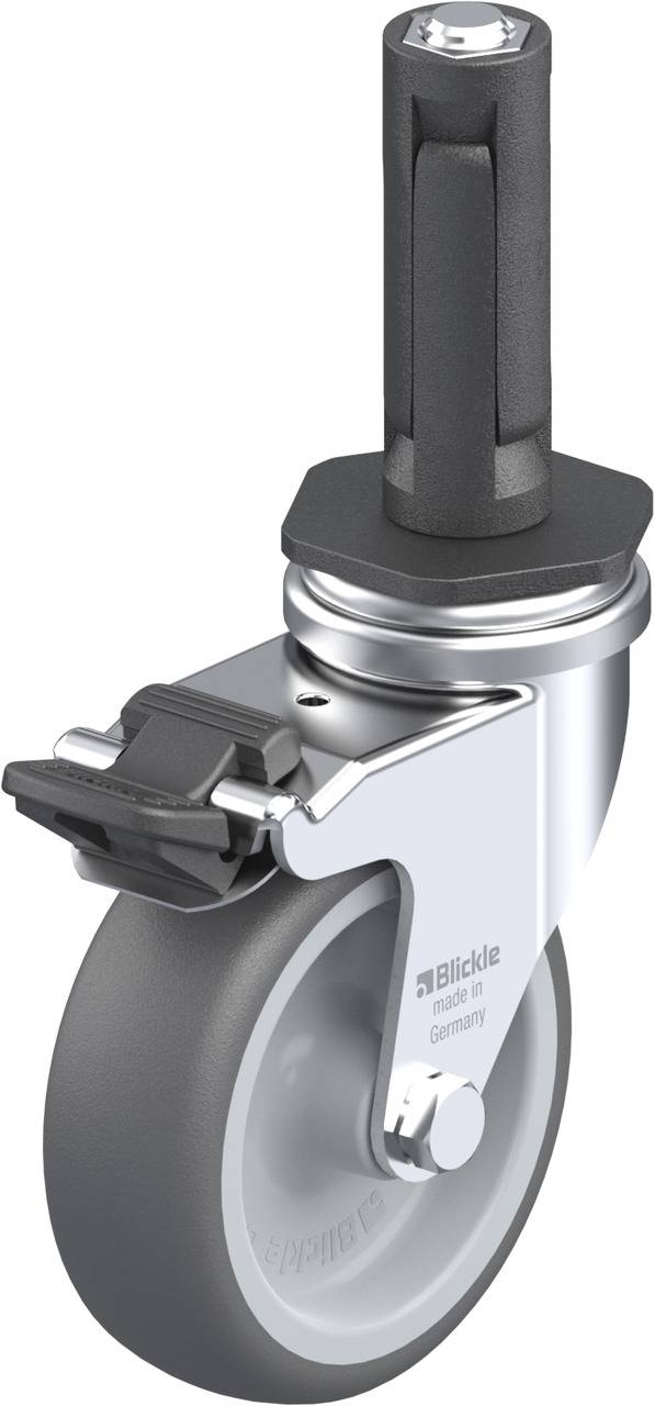 Rolle aus grauem Kunststoff mit schwarzem Bremspedal und zylindrischem Schaft. Geeignet für Möbel oder leichte Gerätebewegung.