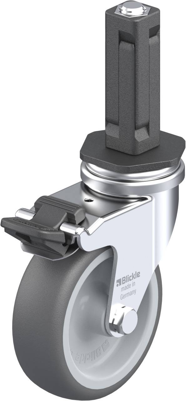 Schwenkrolle mit Metallgehäuse, grauem Rad und Bremssystem. Hergestellt von Blickle. Verwendet für Möbel oder Transportwagen.