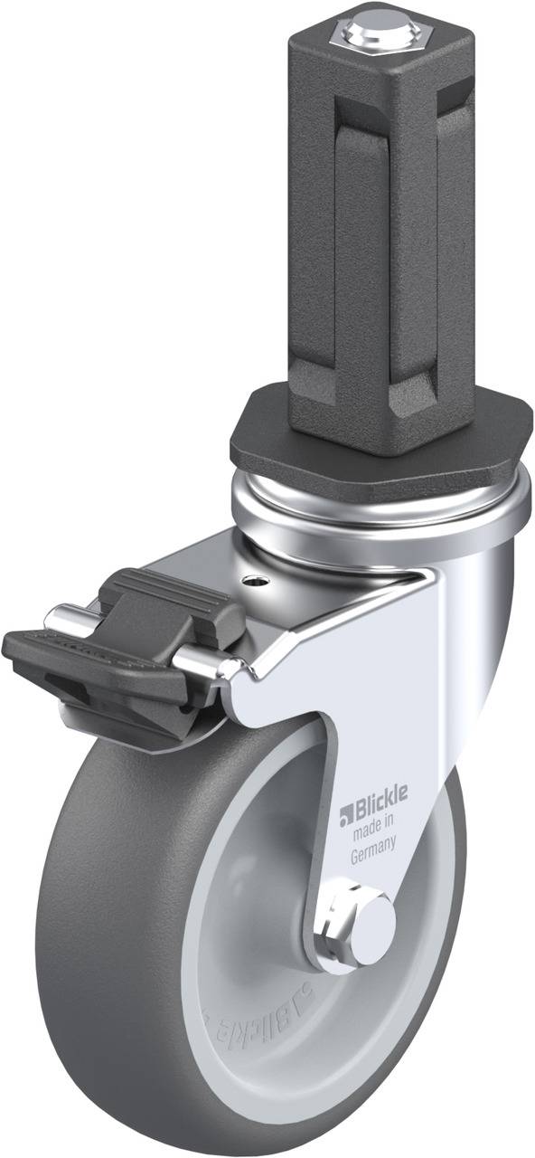 Industrie-Lenkrolle mit grauem Rad und Metallgehäuse. Das Rad hat eine Bremse und ist für schwere Lasten geeignet.