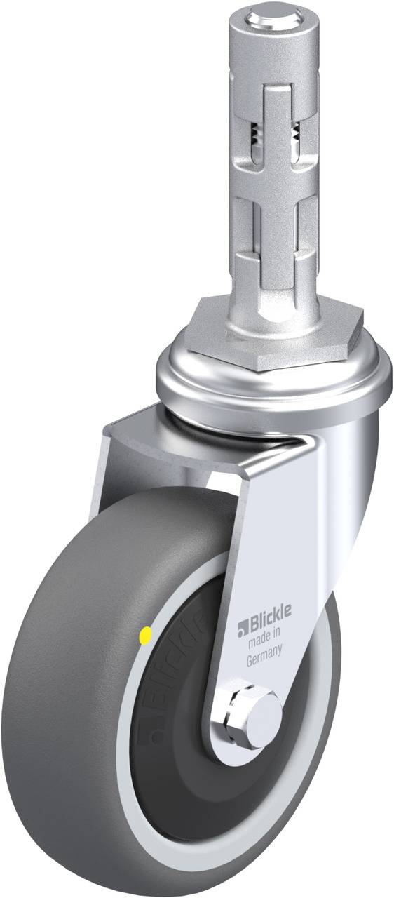Die Abbildung zeigt eine graue Lenkrolle mit Metallhalterung, geeignet für vielseitige Transportzwecke.