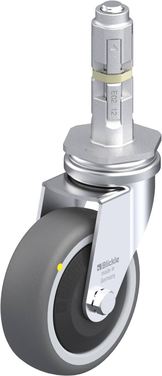 Industrie-Lenkrolle mit zylindrischem Stift, graues Rad, glänzende Metallgabel, geeignet für Maschinen und Geräte.