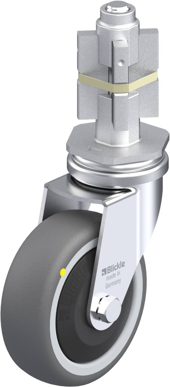 Industrie-Schwenkrolle mit robustem Gehäuse, grauem Rad und silbernem Halter, geeignet für schwere Lasten auf glatten Oberflächen.