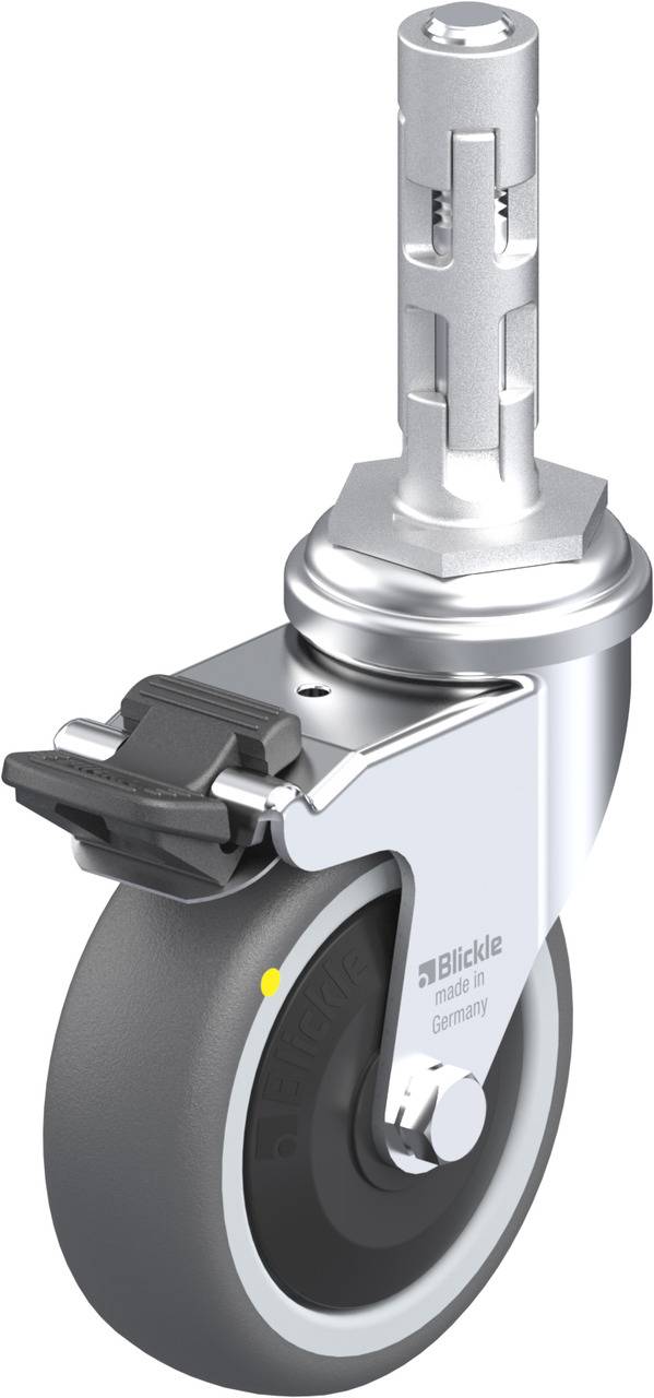 Ein drehbares Lenkrolle-Rad aus Metall und Kunststoff mit Bremse, geeignet für Möbel oder Geräte in einer industriellen Umgebung.