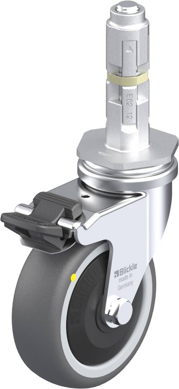 Industrie-Lenkrolle aus Metall mit Bremse und Gummi-Rad. Geeignet für schwere Lasten in Produktionsumgebungen.
