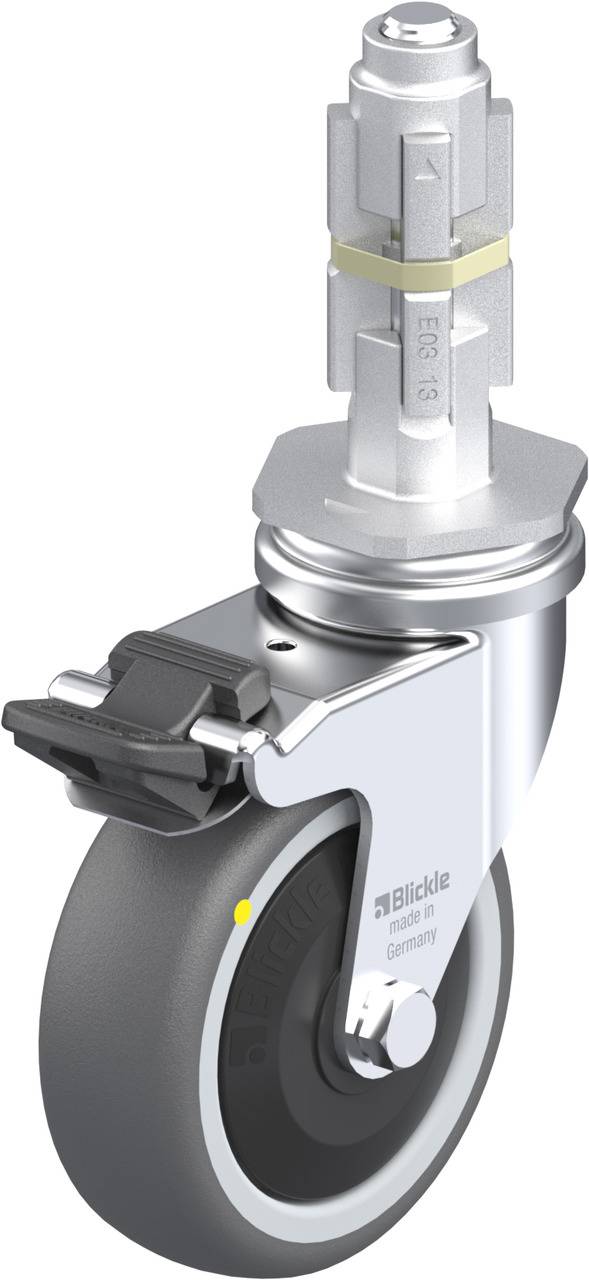Rolle mit Bremse und Metallbefestigung, Beschriftung 'Blickle', Hauptbestandteil eines beweglichen Möbels oder Geräts.