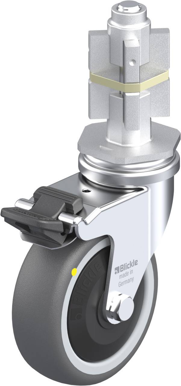 Industrie-Lenkrolle mit Bremse und schwarzem Rad. Oben befindet sich ein zylindrischer Metallstift zur Befestigung. Ideal für schwere Lasten.