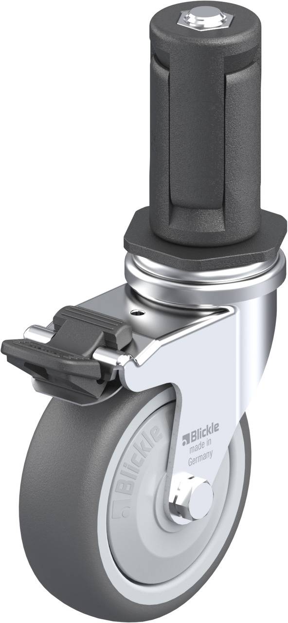 Graue Rolle mit Bremsmechanismus, geeignet für Möbel oder Geräte. Markenname 'Blickle' auf der Metallstruktur sichtbar.