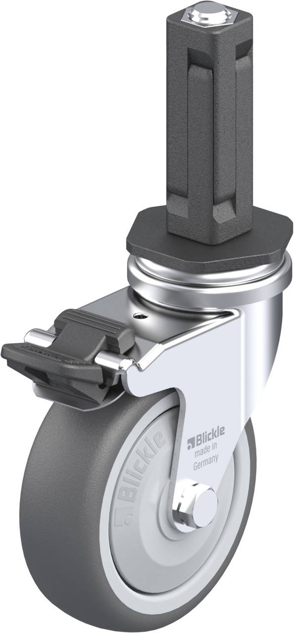 Lenkrolle mit grauem Rad und schwarzer Feststellbremse, entwickelt für leichte bis mittelschwere Lasten in Innenräumen.