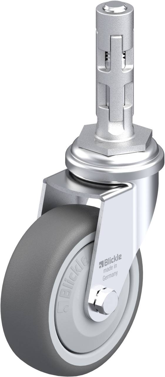 Graue Rolle mit silbernem Gehäuse und Halterung. Herstellername 'Blickle' auf der Seite der Rolle. Verwendet in Industrieanwendungen.