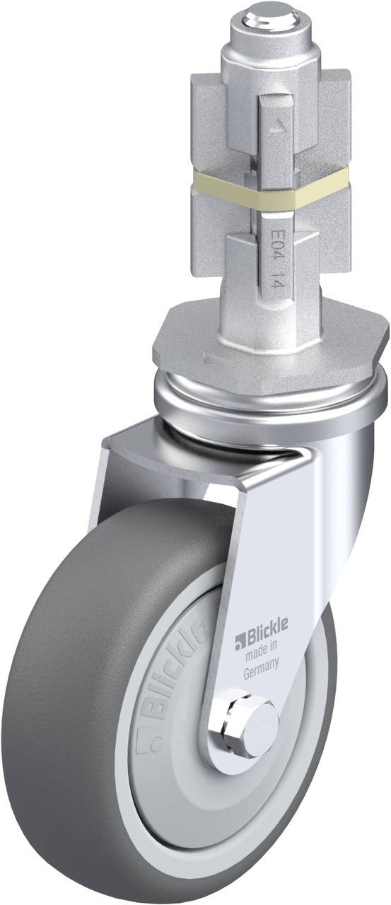 Industrie-Lenkrolle mit grauer Gummibereifung, silbernem Gehäuse und Halterung zur Befestigung. Geeignet für schwere Lasten und flüssiges Bewegen.