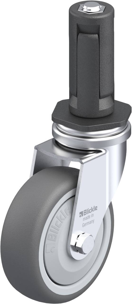 Graue Lenkrolle mit Metallgehäuse, schwarzem Schaft und grauem Gummireifen, hergestellt von Blickle.