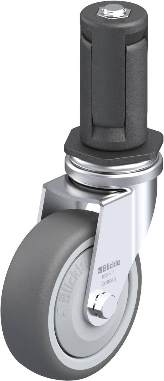 Metallisches graues Lenkrolle mit Gummirad; zylindrischer Stift oben, geeignet für Möbel oder Rollwagen. Markenname sichtbar.