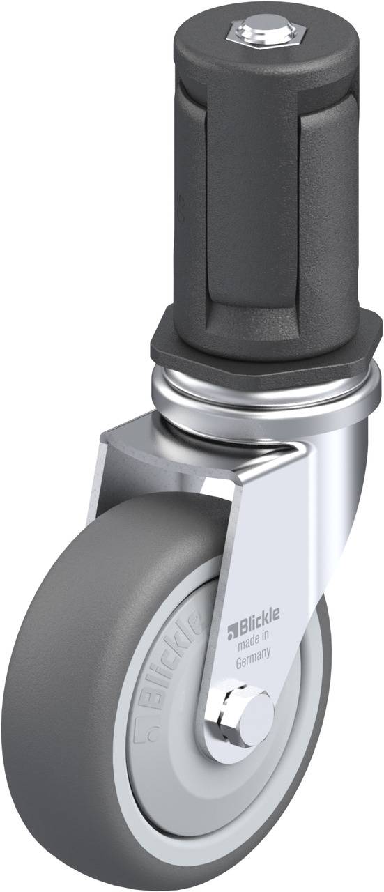 'Blickle' Rolle mit grauem Rad und Schwenklager, geeignet für Möbel oder Geräte.