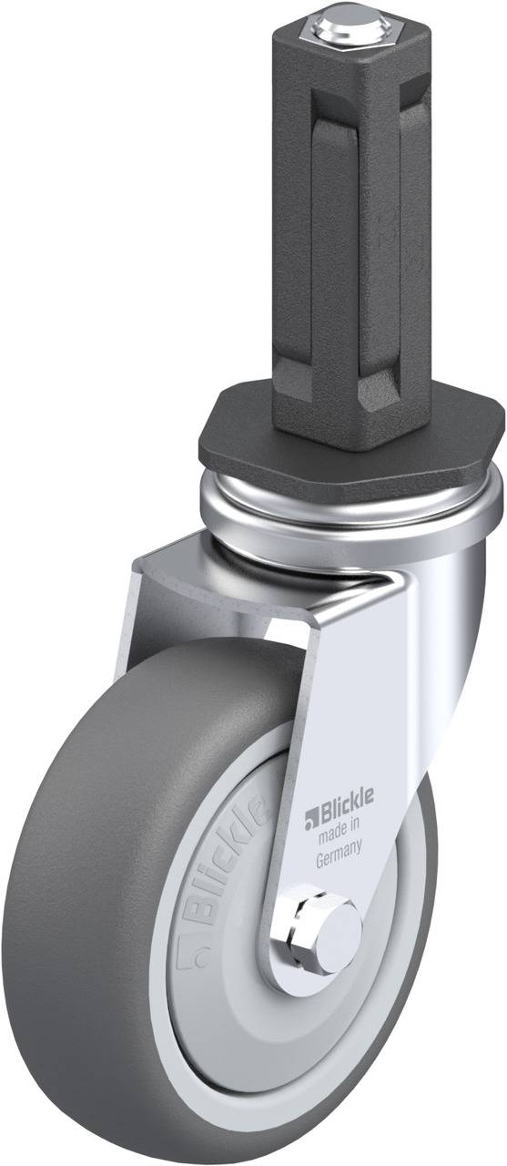 Graue Transportrolle mit Metallgehäuse und Stiel. Geeignet für Möbel oder Ausrüstung, um Beweglichkeit zu erhöhen.