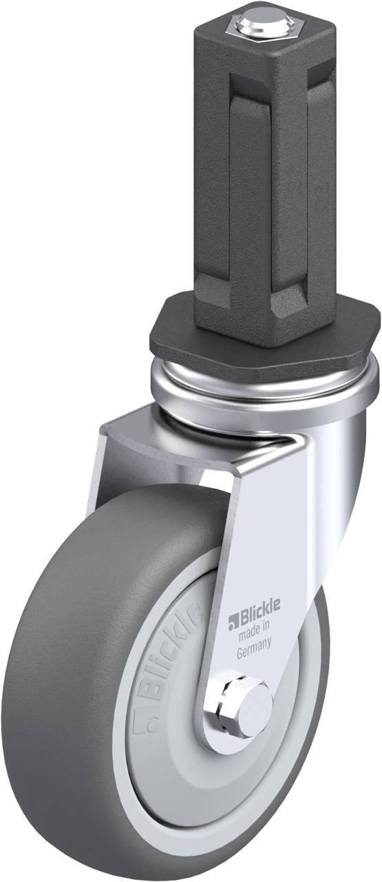Ein drehbares Rad mit grauer Gummibereifung und Metallgabel. Es hat einen rechteckigen Befestigungsstift und eine Schraubverbindung.