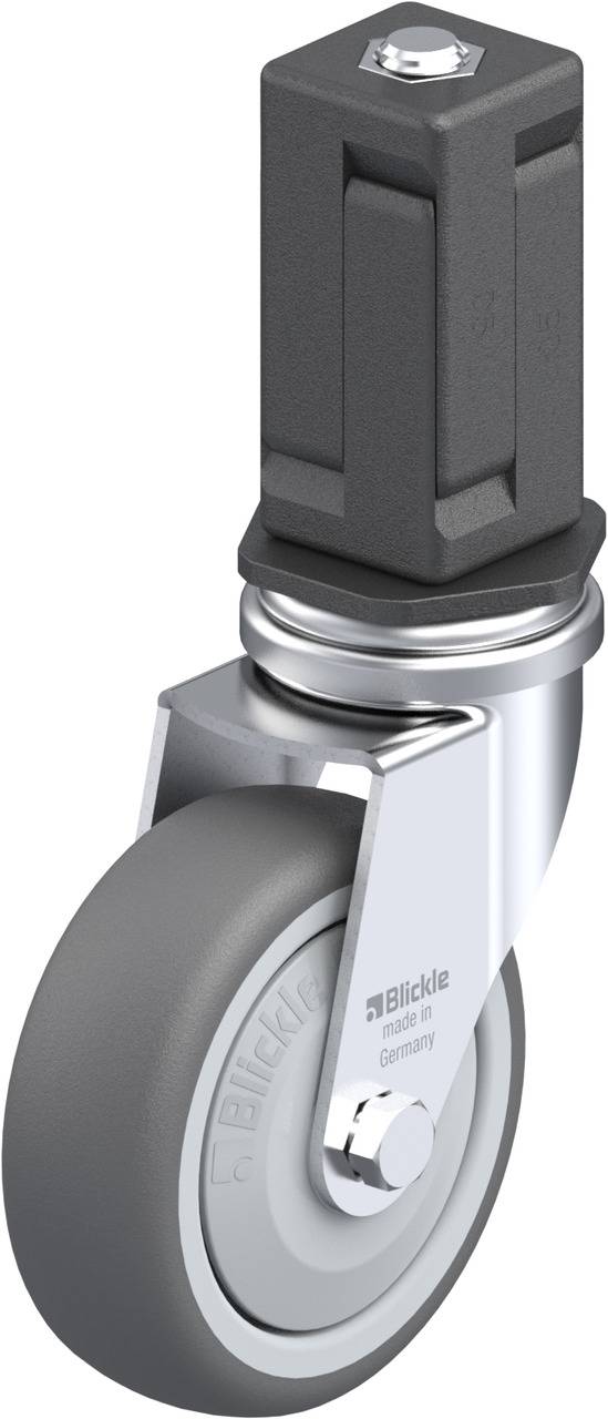 Kunststoffrolle mit grauem Rad und robustem Gehäuse, geeignet für den Transport im Innenbereich; Herstellerlogo sichtbar.