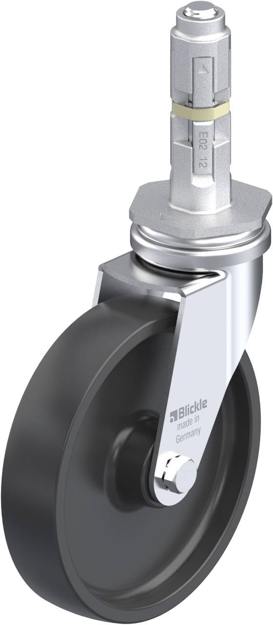 Schwarzes Lenkrolle aus Metall und Kunststoff, oben mit zylindrischem Anschluss. Aufschrift 'Blickle Made in Germany'.
