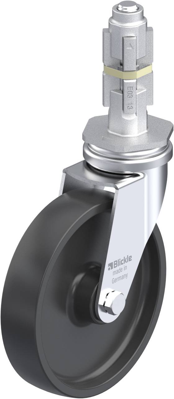 Schwenkrolle aus Metall mit schwarzem Raddurchmesser. Markierung 'Blickle made in Germany' auf der Halterung.