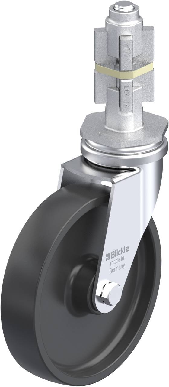 Industrie-Rolle mit schwarzem Rad aus Kunststoff, silbernes Metallgehäuse mit Befestigungsvorrichtung und sichtbarem Markenzeichen.