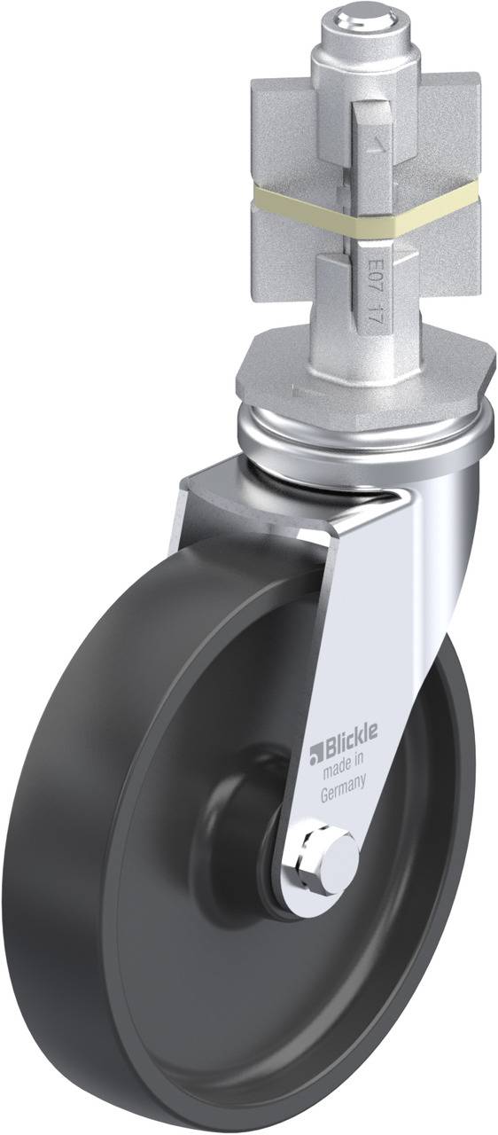 Schwenkrolle mit robustem, schwarzem Rad aus Kunststoff und silbernem Metallgehäuse, geeignet für schwere Lasten.