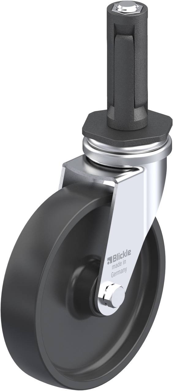 Eine schwarze Rolle mit einem silbernen Halter und einer schwarzen Gewindestange oben. Markiert mit 'Blickle made in Germany'.