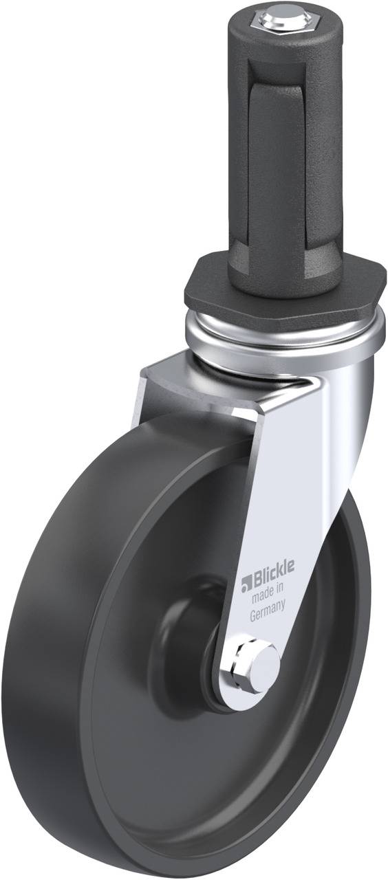 Schwarzes Lenkrolle mit Metallhalterung und schwarzem Befestigungsstift, geeignet für industrielle Anwendungen.