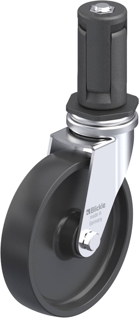 Schwarzes Bockrolle mit grauem Gehäuse und Halterung, geeignet für vielseitige Anwendungen; robust und stabil gefertigt in Deutschland.