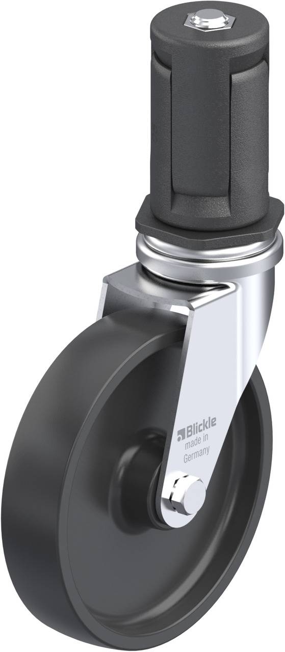 Schwarzes Lenkrolle mit einer robusten Halterung und Beschriftung 'Blickle - Made in Germany'. Ideal für industrielle Anwendungen.