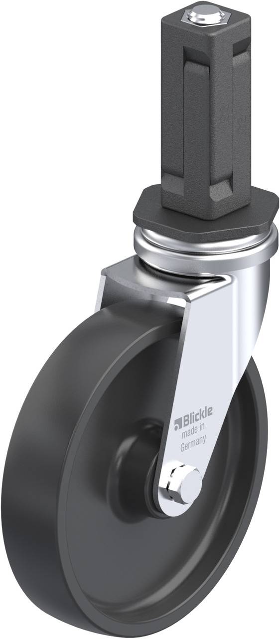 Schwenkrolle mit schwarzem Rad und rechteckigem Kopf, geeignet für industrielle Anwendungen.