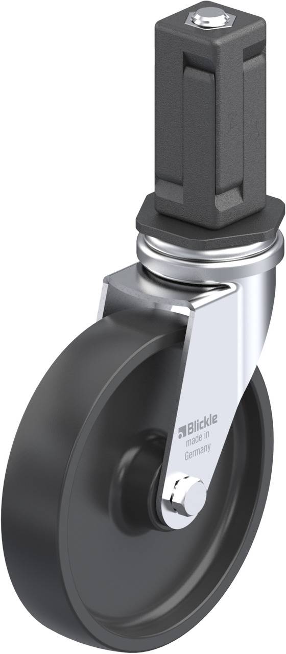 Schwarzes Lenkrolle mit grauem Gehäuse und integrierter Befestigungsplatte, geeignet für Möbel oder Industrieausstattung.