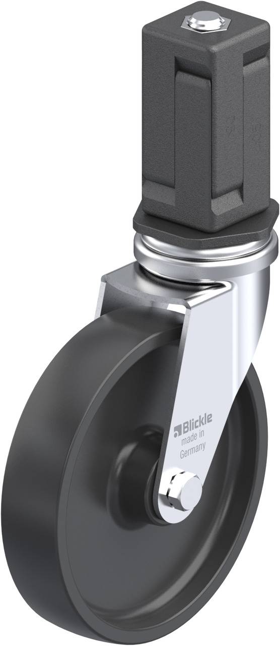 Industrie-Drehrad mit grauer Rolle und schwarzer Befestigung. Geeignet für schwere Lasten, robust und langlebig.