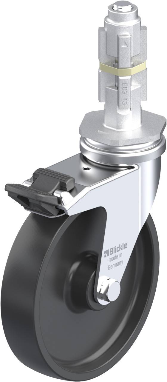 Schwenkrolle mit Feststeller, schwarzes Rad, silbernes Metallgehäuse, geeignet für Möbel oder Gerätebewegung.