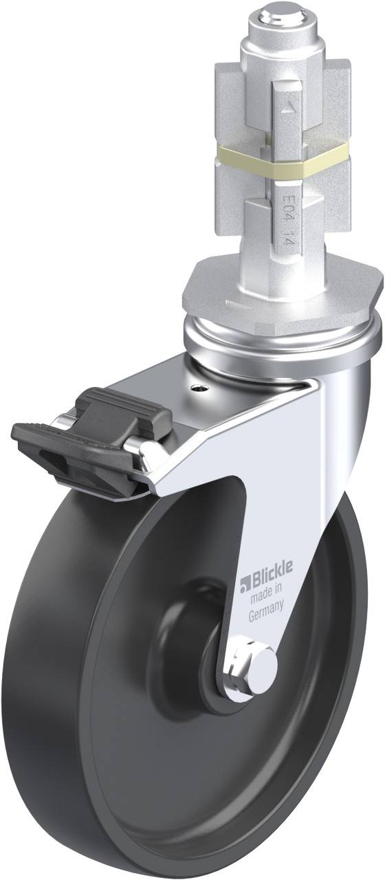 Schwenkrolle mit Bremse und Schraubbolzenbefestigung, geeignet für schwere Lasten. Robustes Design, schwarz und silberfarben.