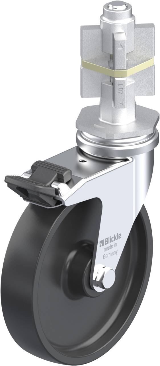 Schwarzes Rad mit Metallhalterung und Bremse, beschriftet mit 'Blickle Made in Germany'.