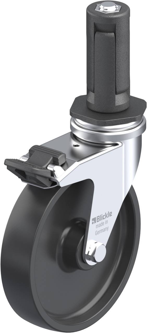 Schwenkrolle mit Bremse und Stiftaufnahme, geeignet für Heavy-Duty-Transportgeräte. Gefertigt aus robustem Metall und Gummi.
