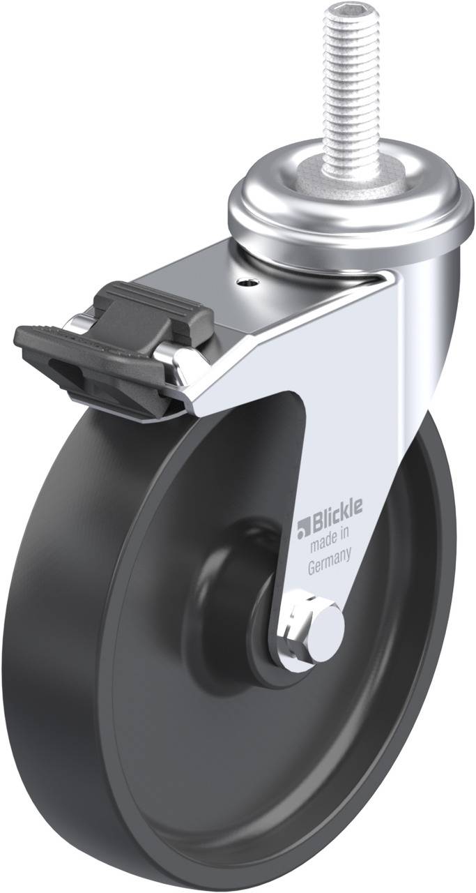 Schwenkrolle mit schwarzem Rad und silbernem Gehäuse, seitlichem Feststeller und einer Schraube an der Oberseite.