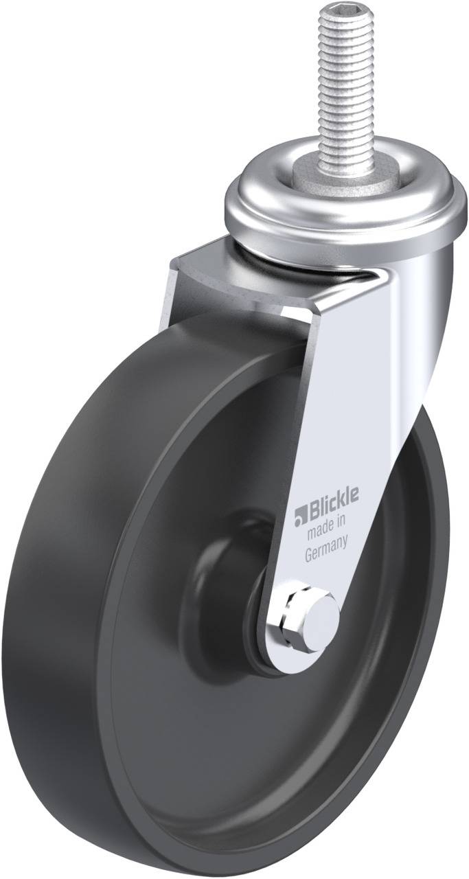 Lenkrolle mit schwarzem Rad und metallener Halterung, Schraub- und Kugellager oben. Markenname 'Blickle' auf Halterung.