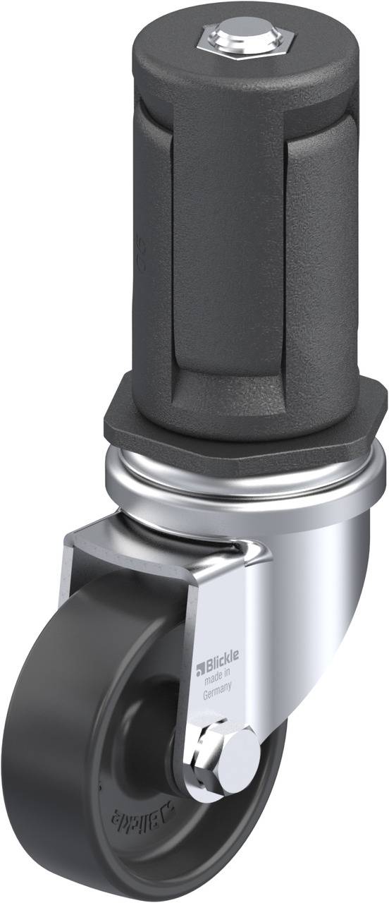 Schwenkrolle aus Metall mit schwarzem Kunststoffgehäuse, geeignet für Möbel oder Geräte, ermöglicht einfache Beweglichkeit und Drehung.