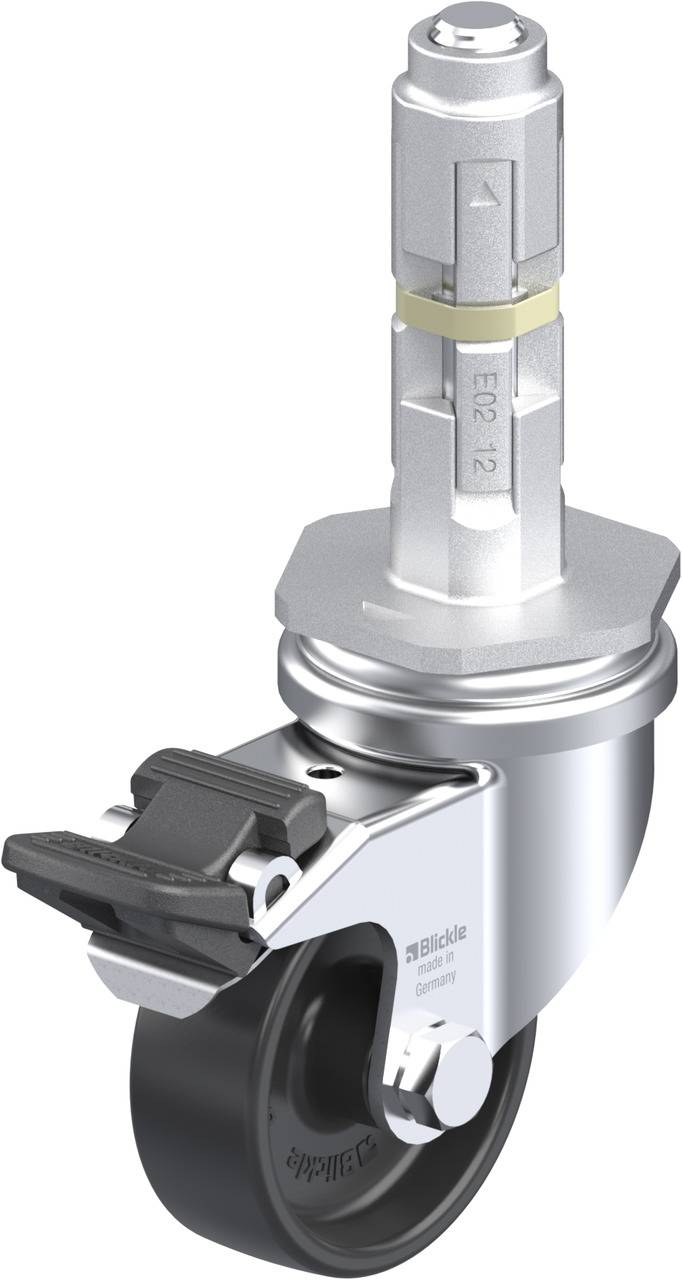 Drehbare Rollenhalterung mit schwarzem Rad und silbernem Befestigungsmechanismus. Geeignet für Möbel oder Gerätemontage.