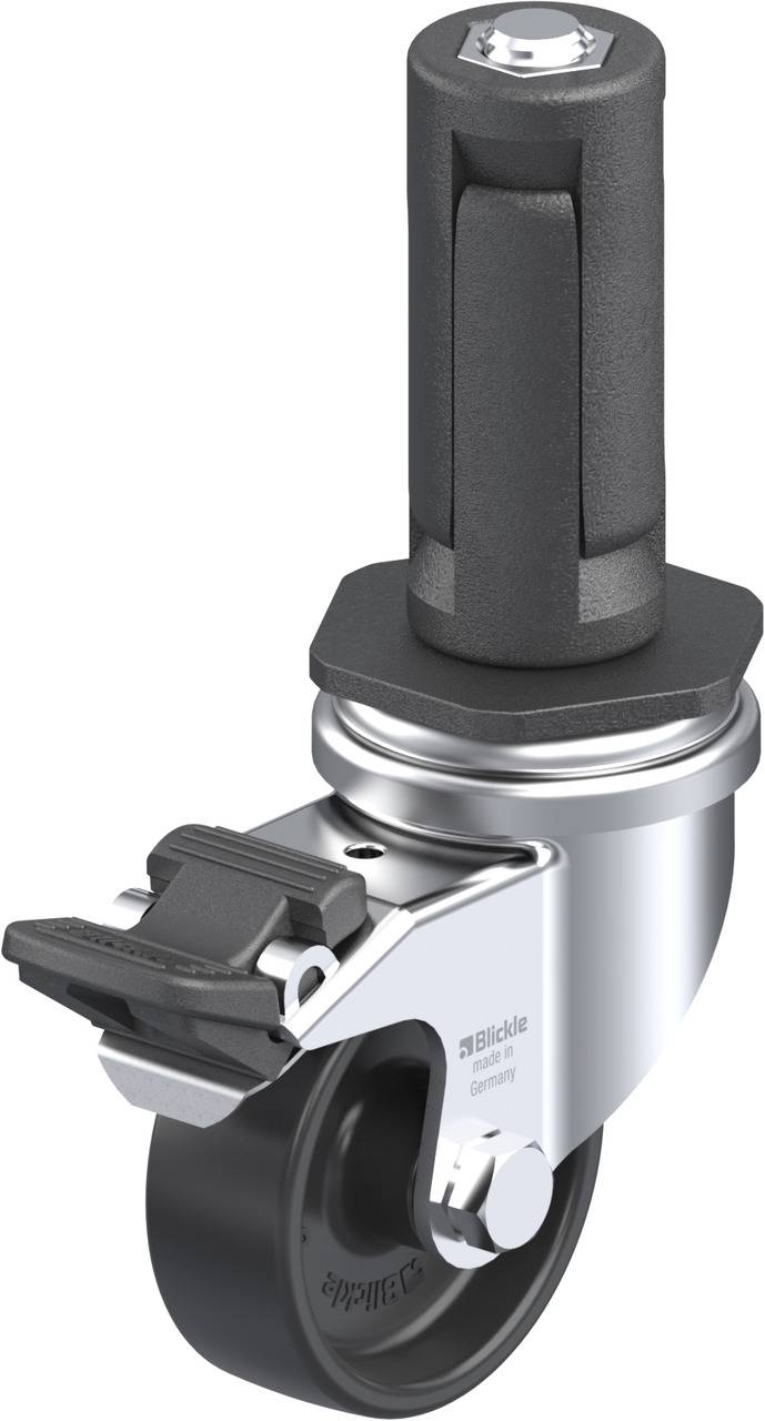 Industrie-Lenkrolle mit Bremse, schwarzes Rad und silbernem Gehäuse. Entwickelt für den Einsatz an rollenden Geräten und Möbeln.