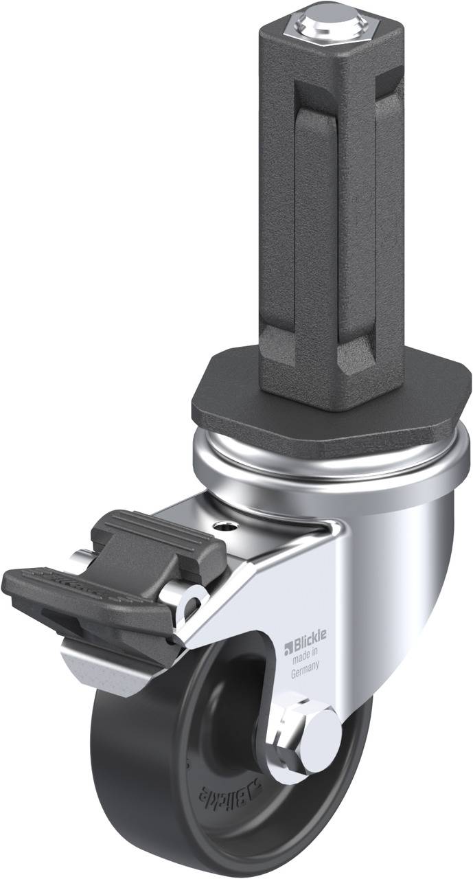 Schwenkrolle aus Metall mit schwarzem Rad und Fußbremse, geeignet für schwere Lasten. Exzentrischer Adapter zur Befestigung oben.