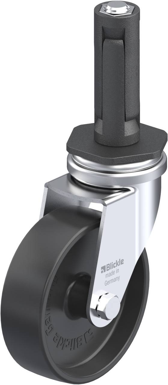 Gummirolle mit Metallschwenkgehäuse, Schraubbefestigung und Bremsmechanismus, geeignet für industrielle Anwendungen.